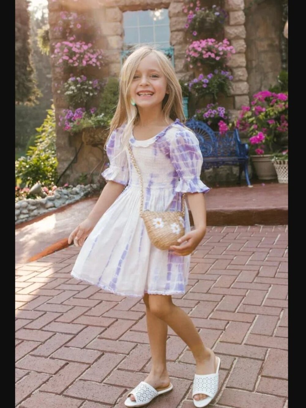 Girls Ivy City Jasmine Lavender Tie-Dye Smocked Puff Sleeve Dress 100% Cotton